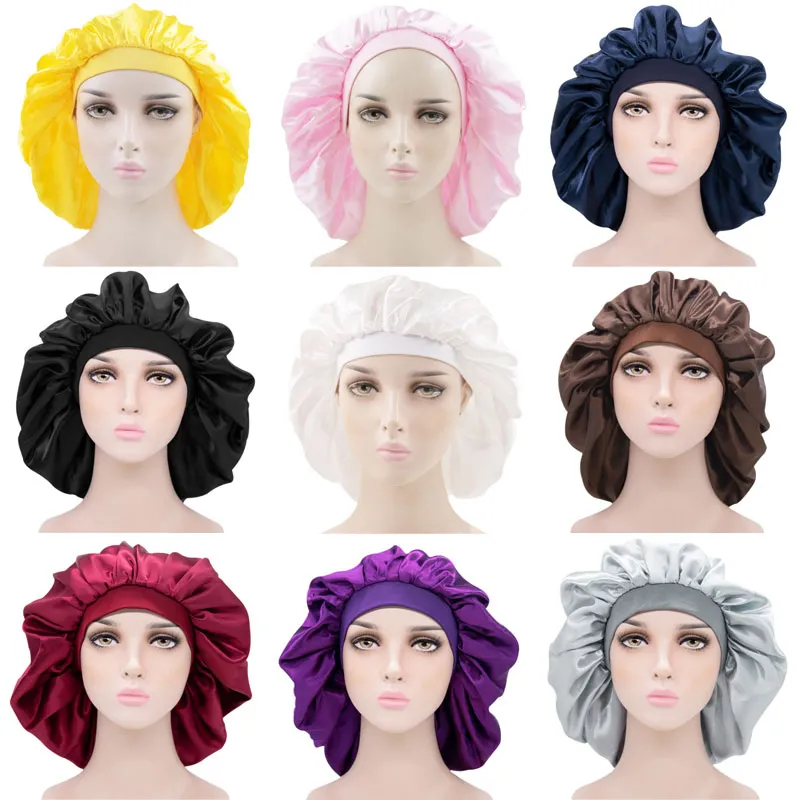 Solid Color Wide Band Stor Satin Bonnet Sova Caps Women Hair Care Night Hat Headwear Mode Tillbehör