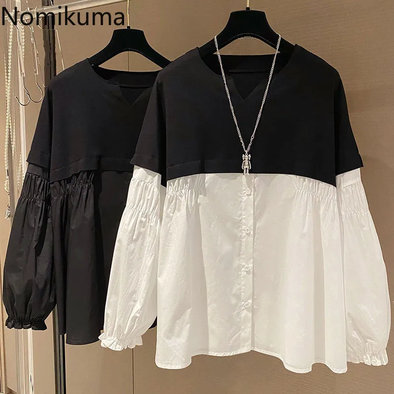 Nomikuma Causal Patchwork Doll Shirt Korean Hit Color O-neck Blouses Spring New Puff Sleeve Blusas Camisas Para Mujer 6G198 210427