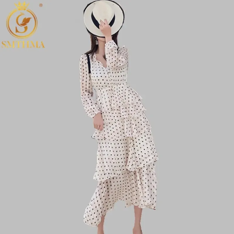 Högkvalitativ mode Runway Designer Long Dress Women's Full Sleeve Ruffle Böhmen Dot Dresses Vestidos 210520