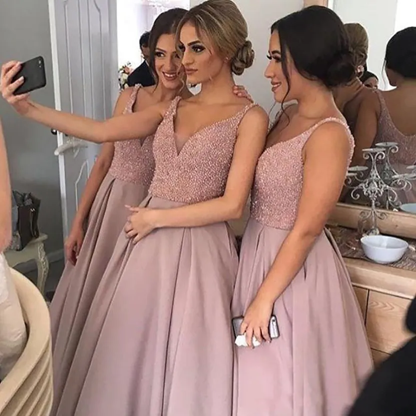 2021 Sparkling Blush Denaro Damigella Damigella Damigella a V Neck senza maniche Senza maniche Abiti da damigella d'onore Bridesmaid Abiti da damigella d'onore lunga Domestica d'onore