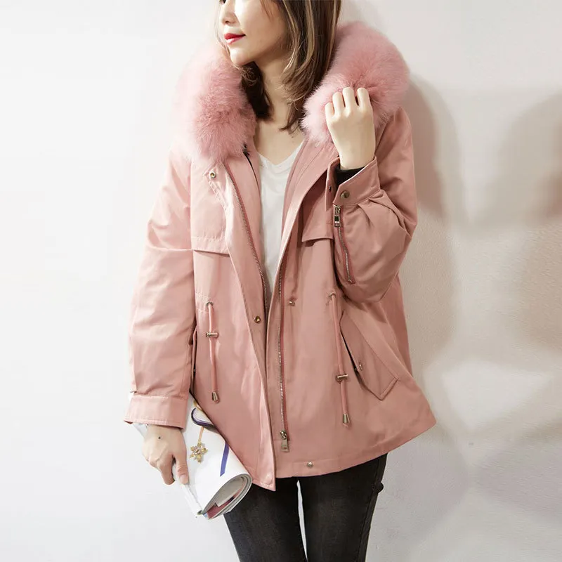 高品質ショートフード付きダウンジャケット女性冬の厚い暖かいライナーの取り外し可能な毛皮の襟パーカーパーカーコート210520