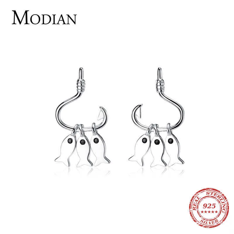 Brillant trois petits crochets de poisson boucle d'oreille pour les femmes cadeau réel 925 en argent Sterling Simple Animal balancent bijoux fins 210707