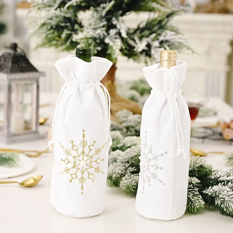 Double Drawstring Snowflake Beads Wine Bottle Bag Cover Christmas Decoration White Cloth Bottles Covers Champagne silver Color HH21-758