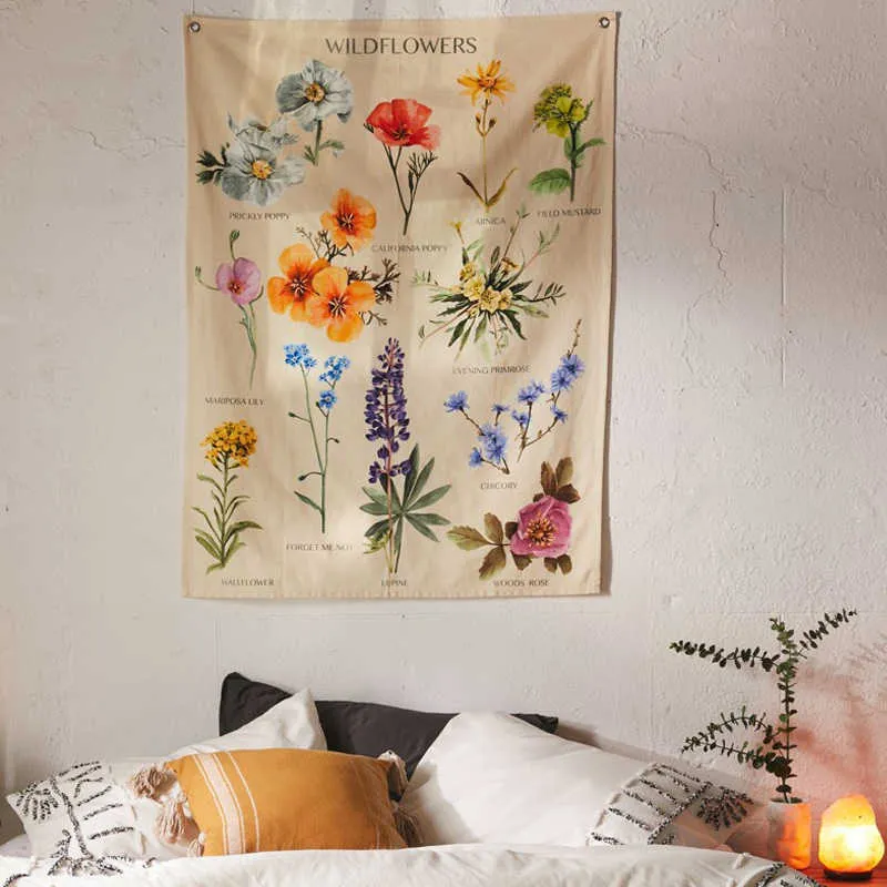 Botânico Wildflower Pendurado Flower Floaro Hippie Hippie Tapestry Boho Tapeçarias Tapete Tapete Psicodélico Ins Decoração Home