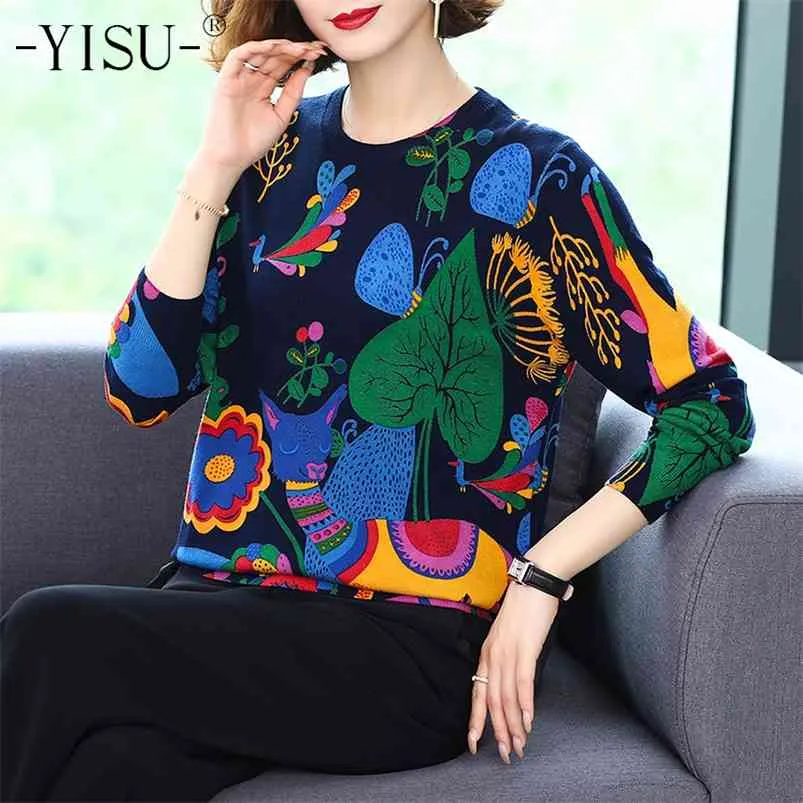 Yisu höst vinter pullover tröja kvinnor hög kvalitet lösa stickade tröjor hoppare kvinnlig mjuk tecknad tryck tröja kvinnor 210805