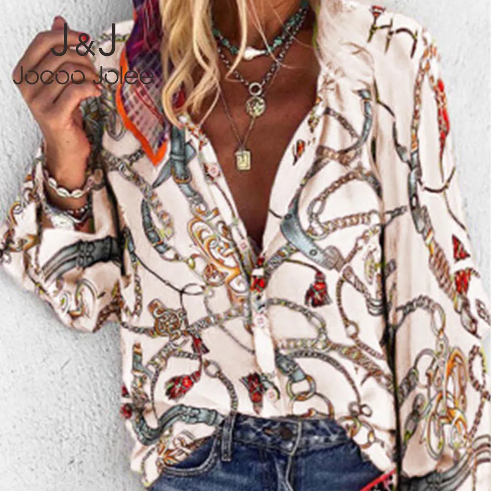 Jocoo Jolee Women Vintage Chain Print Loose Blouse Europe Streetwear Knappskjorta Casual Spring Summer Långärmad Blus Toppar 210518