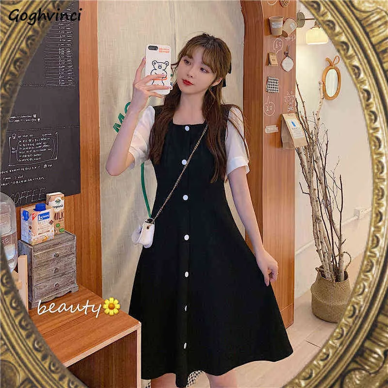 Robe Femmes Casual Patchwork Bouton Fête Chic Filles Élégant Tendre Dames Tout-Match Mode Ulzzang Tendance Chic Élégant Nouveau Y1204