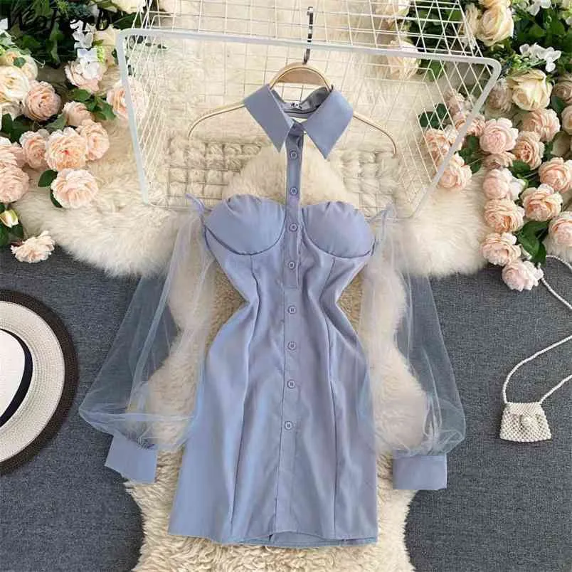 Woman Dress Turn-down Collar Gauze Patchwork Hollow Out Vestidos Sexy Lady Sweet Puff Sleeve Bodycon Mini Dresses 210519