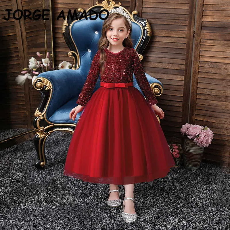 Frühling Teenager Mädchen Kleid Lange Ärmel mit Schleife Schärpen Prinzessin Klavier Performance Kinder Kleidung E318 210610