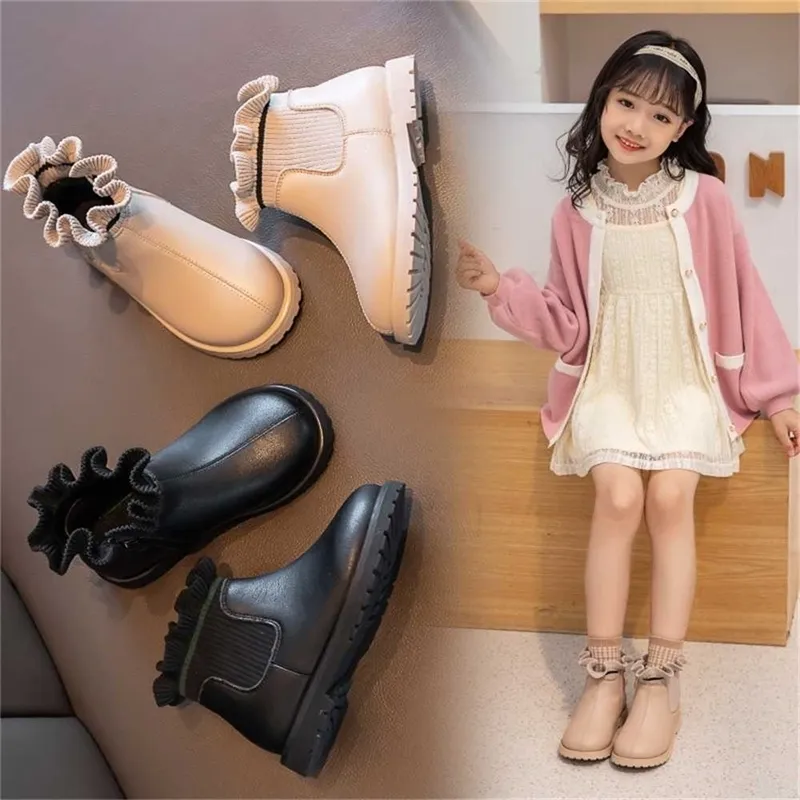 TPR Baby Girl's Martin Boots 2022 Autumn Winter Warm Princess Knitted Short Boots Children's Plush PU Shoes Black Outdoor Ski Casual Cotton Shoes H12YIYO