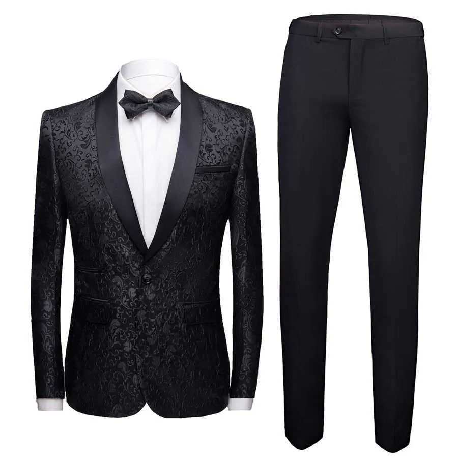 Black Formal Suit Men 2 Piece Set Asian Size 4XL Business Banquet Men Dress Suit Jacket and Pants High Quality Jacquard Fabric X0909