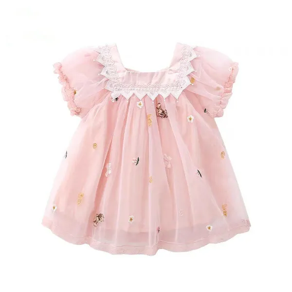 Kızlar Elbiseler Yaz Sevimli Dantel Nakış Fener Kol Bebek Giysileri Bebek Balo 0-4Y Pembe Beyaz Q0716