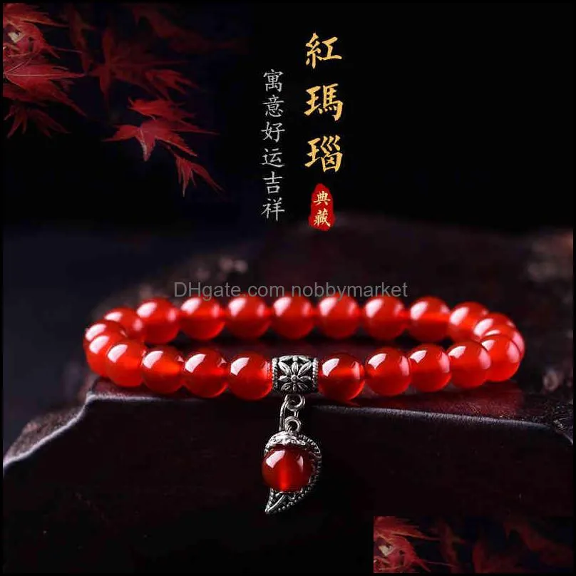 New simple single ring red agate bracelet national style leaf women`s hand string peace Ball Bracelet