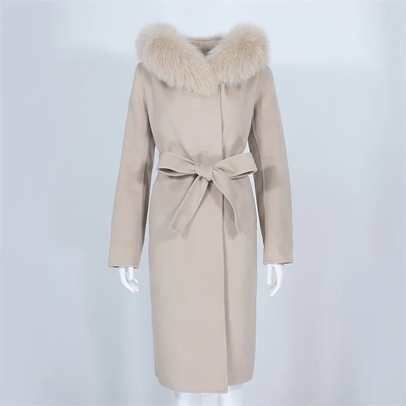 Oftbuy Real Fur Coat Veste d'hiver Femmes Natural Fur Col Collier Cachemire Mélange de laine Longses Lammes d'extérieur Streetwear 211019