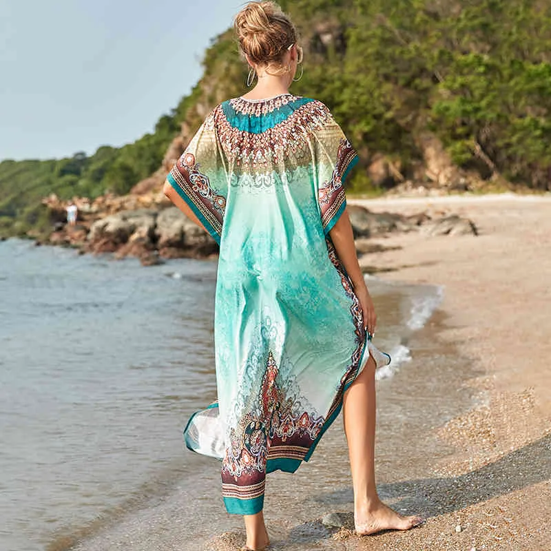 Plus Size Bikini Cover ups Quick drying Fabric Green Boho Printed Side Split Beach Wear Dress For Women Swim Suit Cover Up Q1172 210420