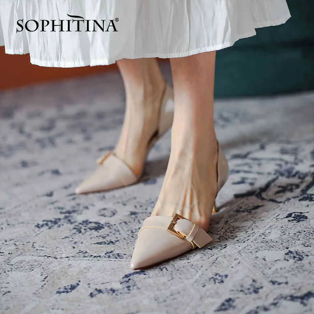 SOPHITINA Summer Dress Thin Heels Women Shoes Pumps Leather Pointed Toe Metal Decoration Concise High Quality Buckle Pump FO131 210513