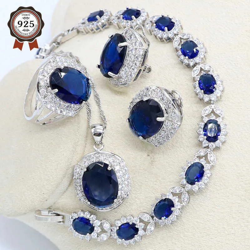 Luxury Silver Color Blue Cubic Zirconia Jewelry Set for Women with Bracelet Hoop Earring Necklace Pendant Ring Gift Box H1022