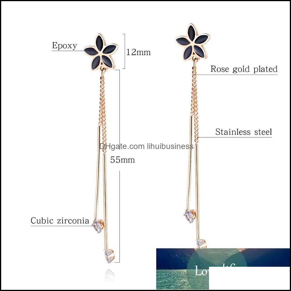 Black FLOWER CZ Long Chain Drop Earrings For Women Stainless Steel Rose Gold Color party Ear Jewelry Gift Drop Shipping Factory price expert design Quality