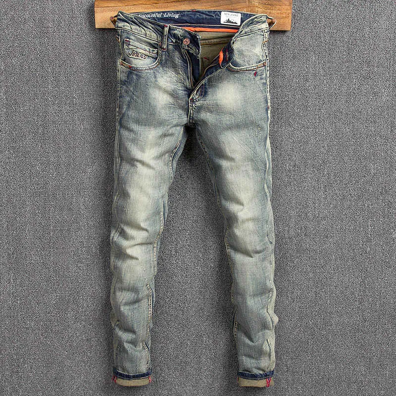 Włoski styl moda mężczyźni dżinsy retro pranie elastyczne bawełniane slim fit Ripped vintage projektant drelichowy spodnie