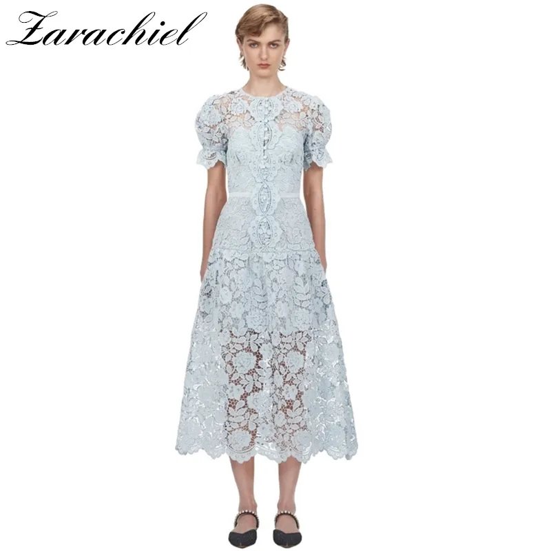 Sky Blue Crochet Lace Summer Women's Short Sleeve Ruffles Flower Hollow Out High Waist Midi Long Dress 210416
