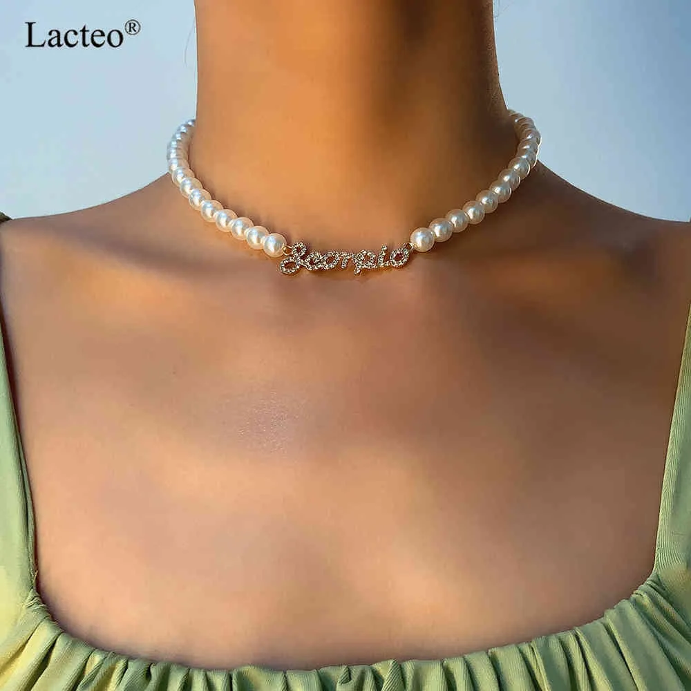 Lacteo Bohemian Shiny Rhinestone Letters Pendant Jewelry for Women 2020 Fashion Imitation Pearl-Chain Choker Necklace