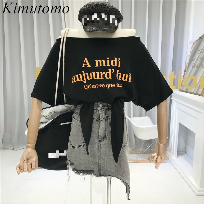 Kimutomo Letter Print Off Shoulder Women T-shirt Korea Chic Summer Ladies Loose Slash Neck Short Sleeve Tie Tops 210521