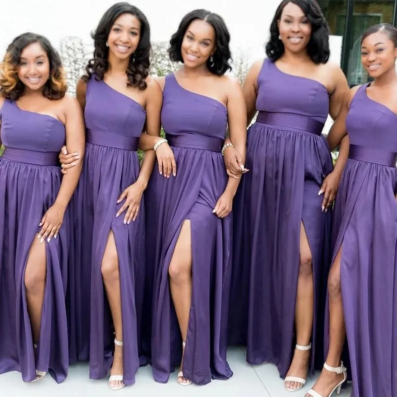 New African Mermaid Druhna Suknie Z Zroszony Off Ramię Maid of Honor Purple Bridemaid Suknie Wysokie Suknie Party Prom Party