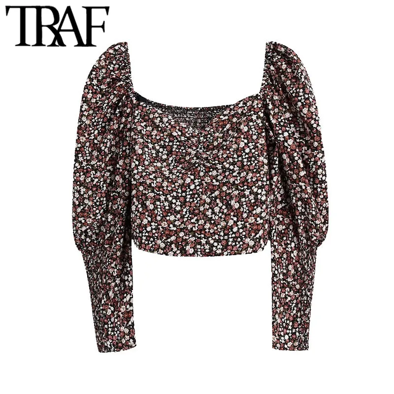 Traf Women Fashion Floral Print Croped Blue Vintage Puff Sleeve Back Elastic Female Shirts Blusas Chic Tops 210415