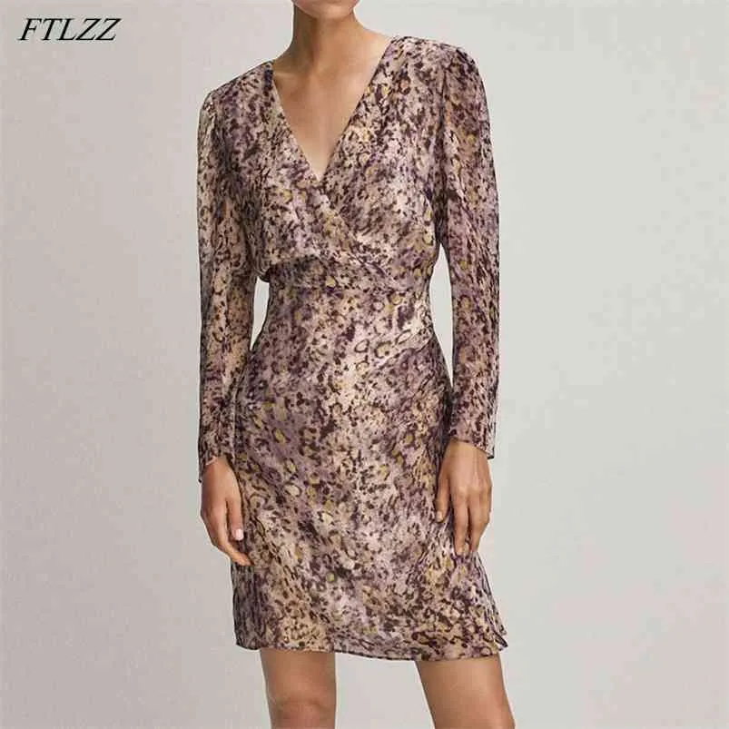 Wiosna Jesień Sexy Lady V-Neck Floral Print Mini Dress Vintage Kobiety Imperium Slim Seaside Beach Holiday 210430