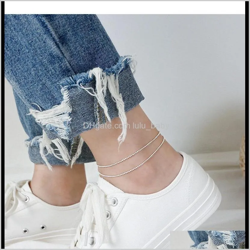 100% s925 sterling silver double-deck bead chain anklets foot chain anklet bracelet fine woman lady beach party gift f1219