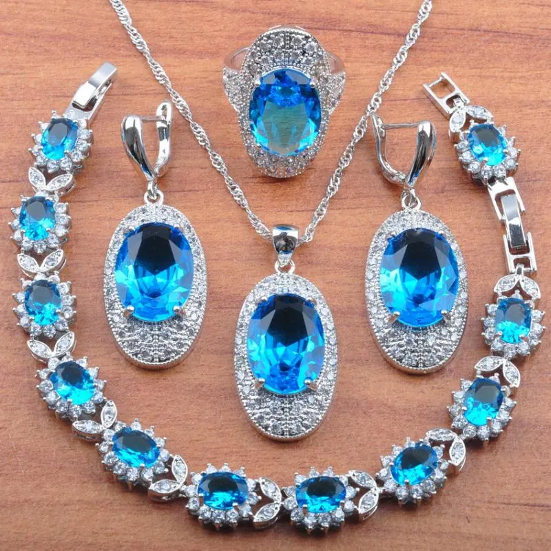 Kolczyki Naszyjnik Luksusowe zestawy biżuterii ślubnej dla kobiet niebieskie kryształ i ustawione z bransoletami wiszącymi 2021