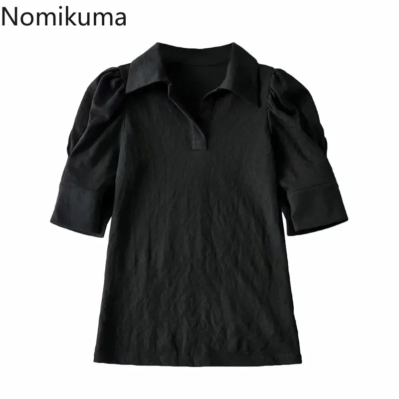 Nomikuma Elegant Puff Sleeve Woman Tshirt Spring Summer New Graphic T Shirts Causal Turn-down Collar Femme Tee Tops 6H052 210427