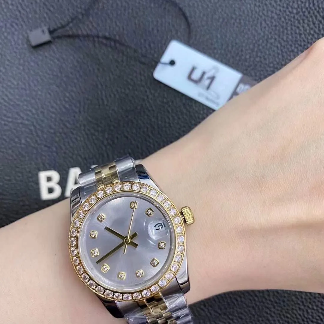 ST9 stalowy Tow Tone szary zegarek z tarczą diamentowa ramka 31mm automatyczne mechaniczne damskie zegarki na rękę pasek jubileuszowy szafirowy ruch zegarki damskie