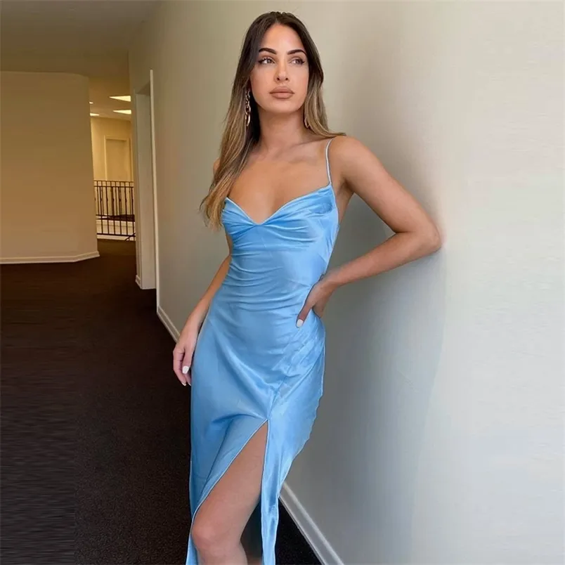 Satin Party Dress Women Summer Hight Side Split Sexy V-Neck Spaghetti Strap Backless Skinny Back Cross Lace Up es 210522