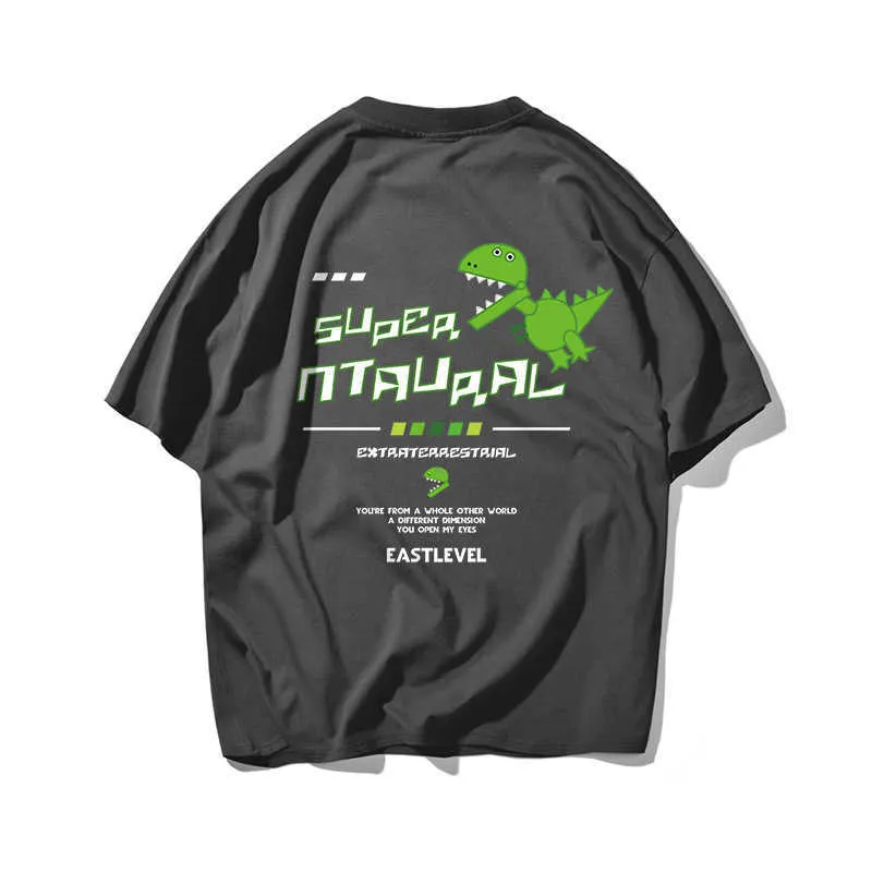 Karikatür Dinozor Hip Hop Boy T Gömlek Erkekler Streetwear El Baskı Tshirt Kısa Kollu Pamuk Gevşek Hiphop Tişört Çift 210603