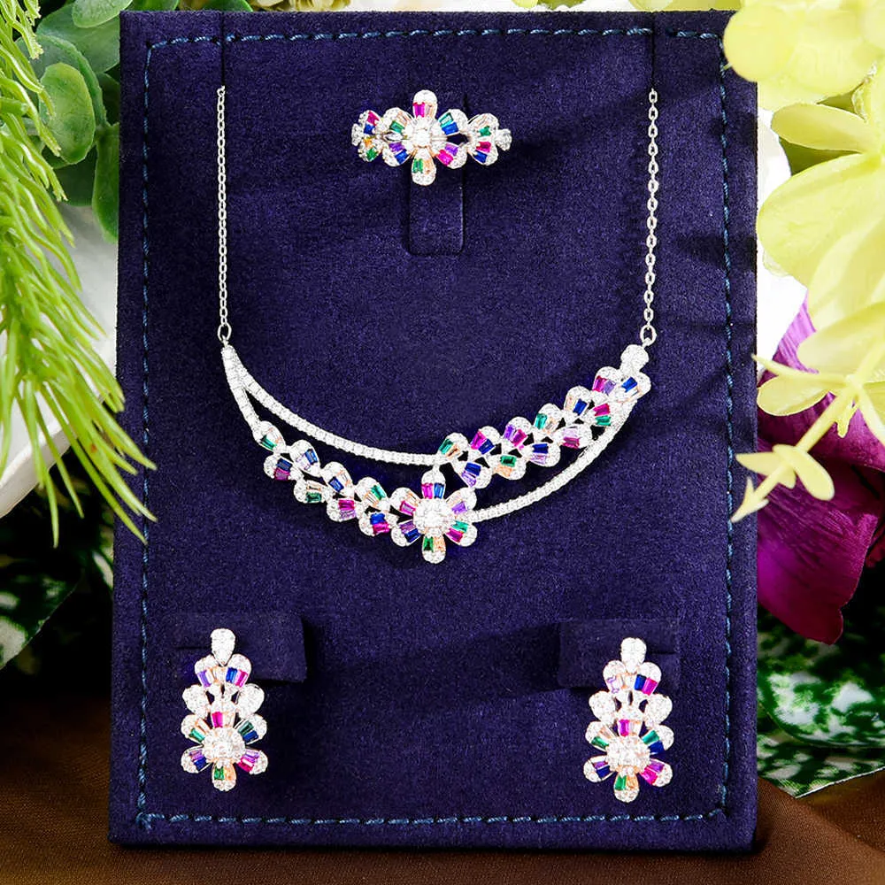 GODKI Spring Multicolor Collection 3PCS Flower Jewelry Set For Women Wedding Party Zircon Dubai Bridal Necklace Earring Ring H1022