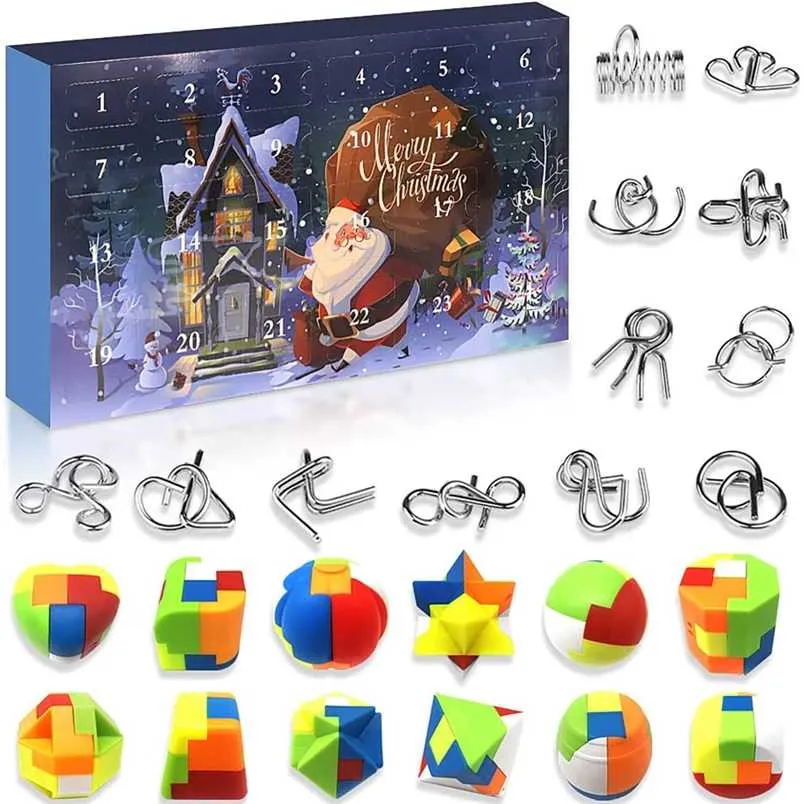 Julupplevningskalendermetalltråd och plastpussel Julräkningskalender med 24pcs Brain Teaser Toy Årgåva 211104