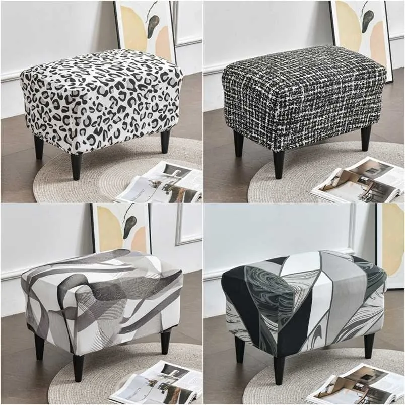 Leopard Print Ottoman Covers Spandex Rectangle Stool All-inclusive Footstool Furniture Protector Sofa Footrest 211207