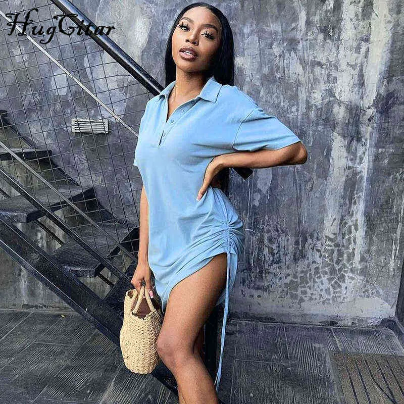 Hugcitar 2021 Women Summer Short Sleeve Solid Ins New Polo-Neck Bandage Pleated Loose T-Shirt Mini Dress Streetwear Outfits Y2K Y1204