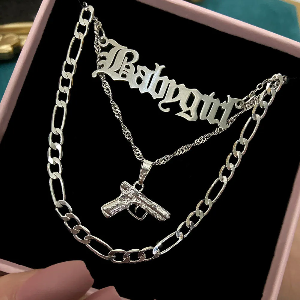 Punk Cute Mini Pistol Letters Figaro Collier Necklace For Women Men Silver Color Multi layered Crystal Gun Tennis Choker Jewelry