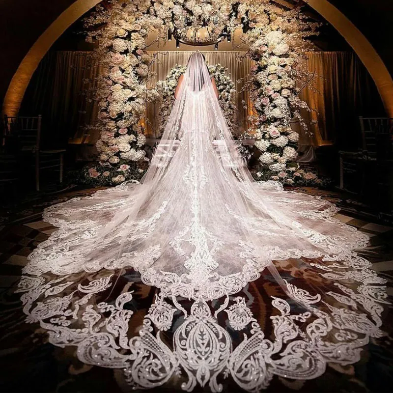 Gorgeous Tulle Cathedral Wedding Veil With Lace Applique