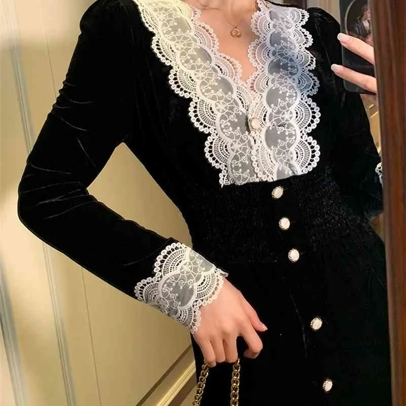 Black velvet lace dress autumn/winter French retro Polyester Office Lady Sheath Zippers Knee-Length 210416