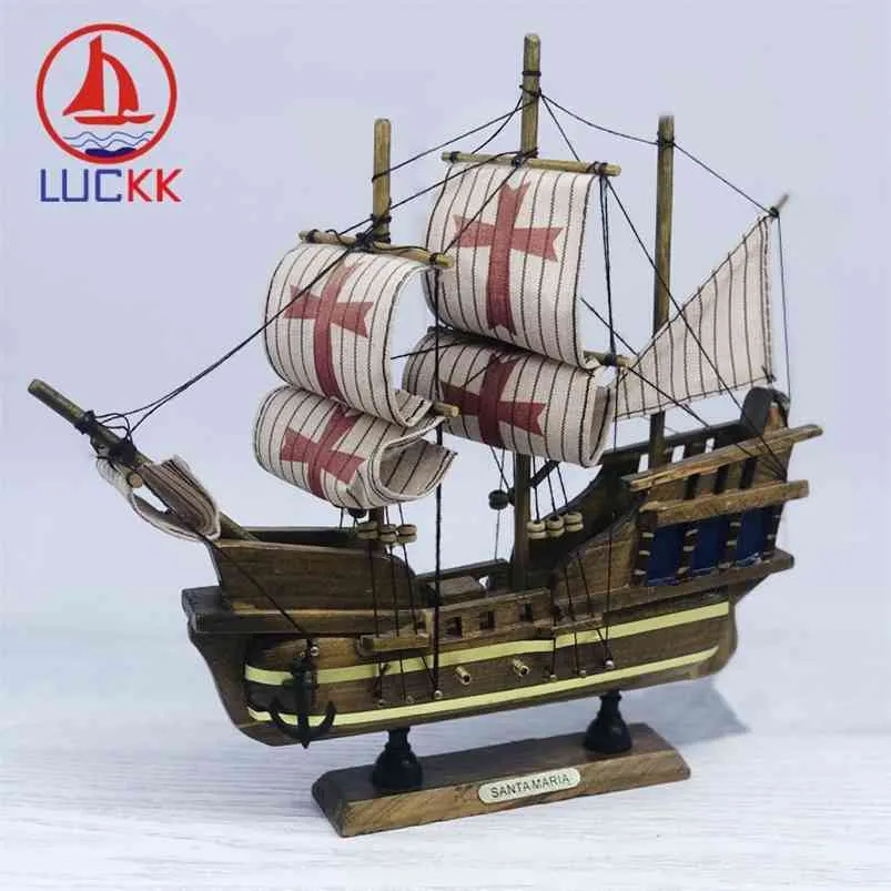 Luckk 24cm Handgjorda Retro Santamaria Fartyg Medelhavet Hem Inredning Inredning Trä Hantverk Classic Room Segelbåt Ornament 210811