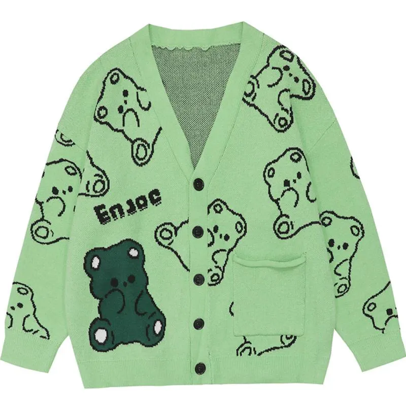 Mäns Tröjor Harajuku Vintage Cartoon Jacquard Cardigan Men Hip Hop Oversized Single-breasted Green Stickning Sweater Unisex Höst Outwear