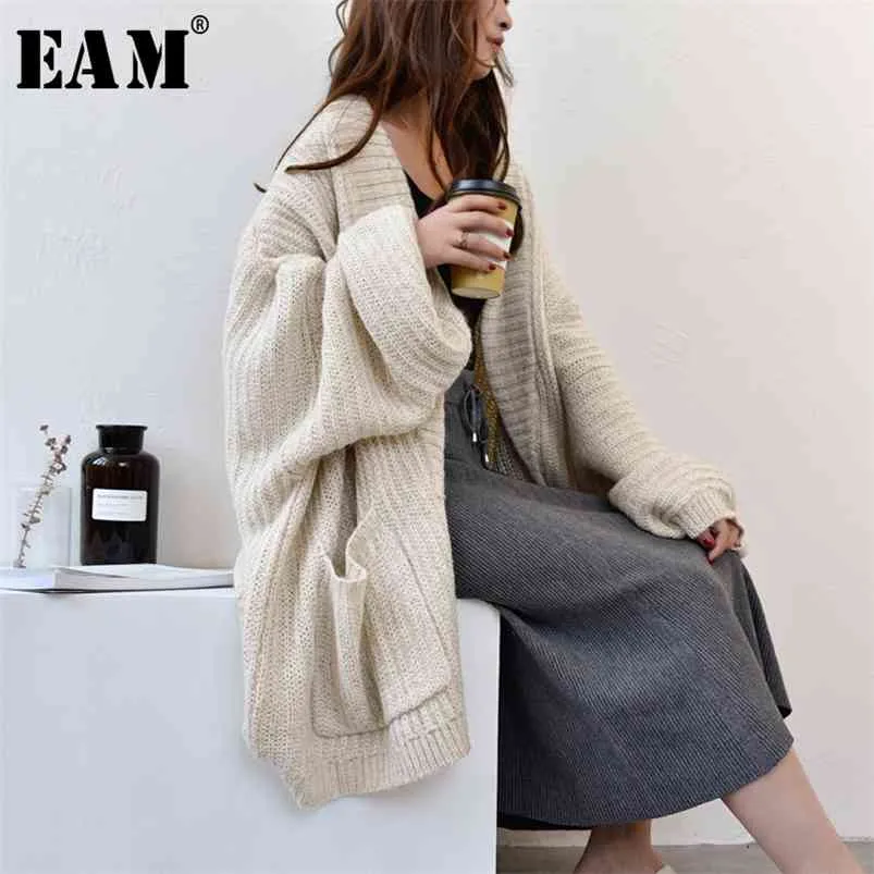 [Eam] Abricot grande taille tricot cardigan pull coupe ample col en V à manches longues femmes mode automne hiver 1Y152 210812