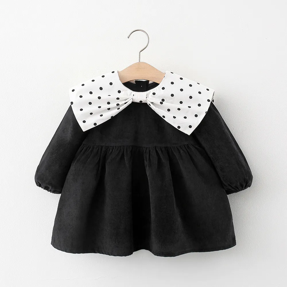 Children Corduroy Dresses with Large Bow Fall 2021 Kids Boutique Clothing Korean Original Design 0-5T Girls Long Sleeves Casual Dress