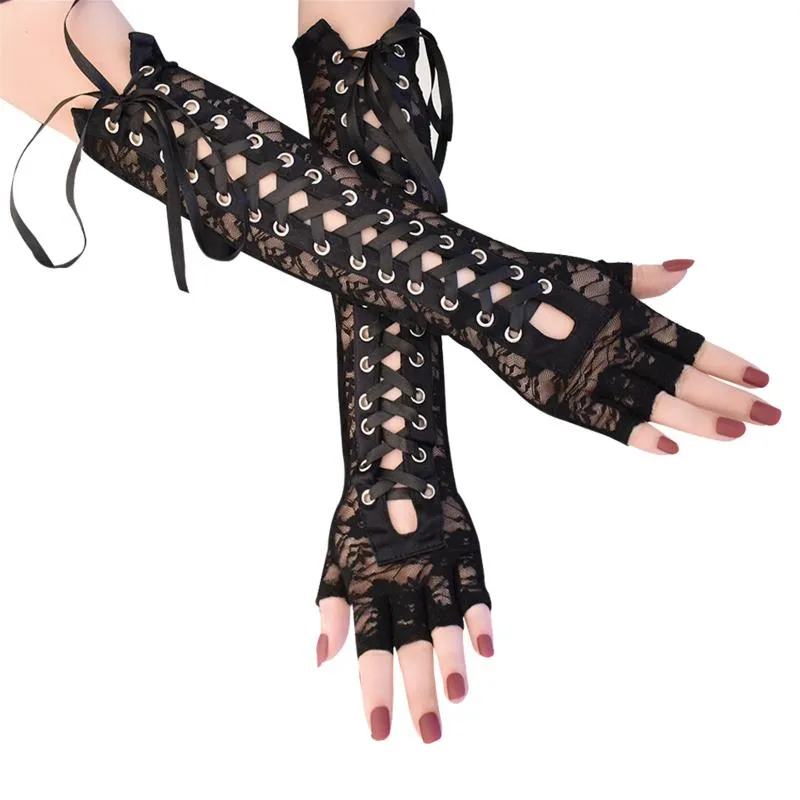 Sporthandskar 25# Kvinnor Fashion Lace Bandage Strap Long Ribbon Party Glove Adult Half-Finger Ceremonial Ball Mitten