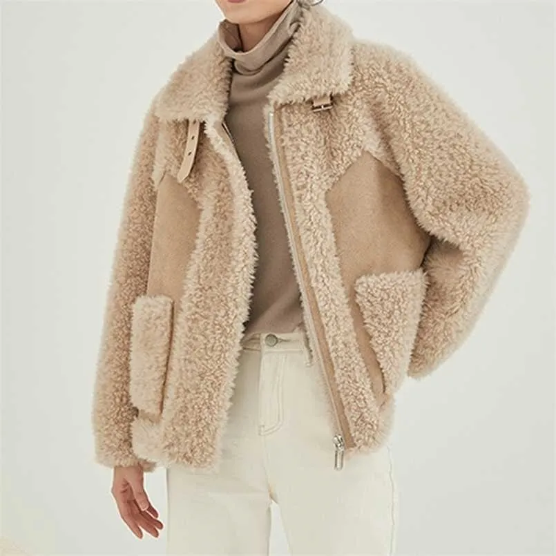 Solid färg får shearling päls korta lager kvinnliga dam kvinnor komposit ulljackor lambswool varm outwear vinter 211124