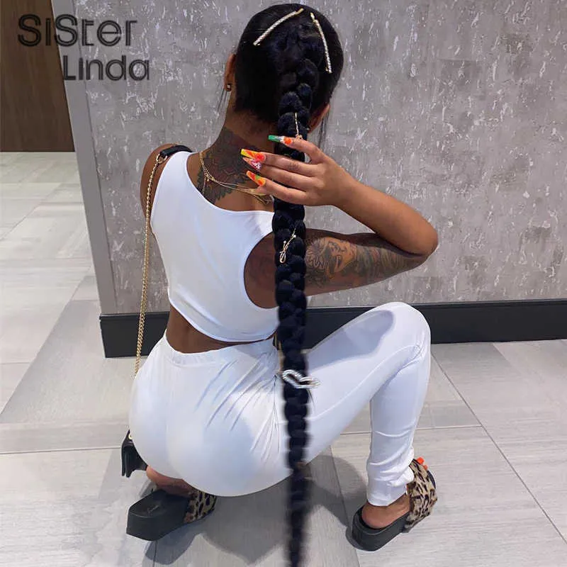 Sisterlinda Lace Up Hollow Out Sportwear Women Matching Set Sleeveless Fashion White Sexy Club 2Piece Outfit Tank Top Pants Suit Y0625