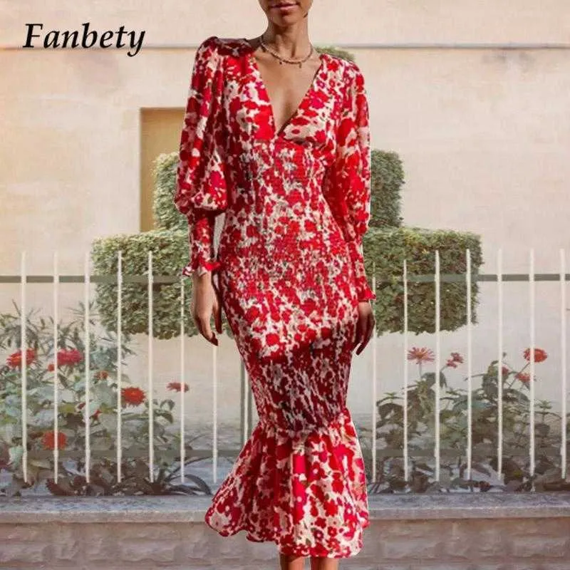 Kobiety Elegancki Kwiatowy Drukuj Fishtail Party Dress Jesień Rocznika Latarnia Rękaw Panie Szczupła Długa Dress Moda Sexy V Neck Sukienki Y1006